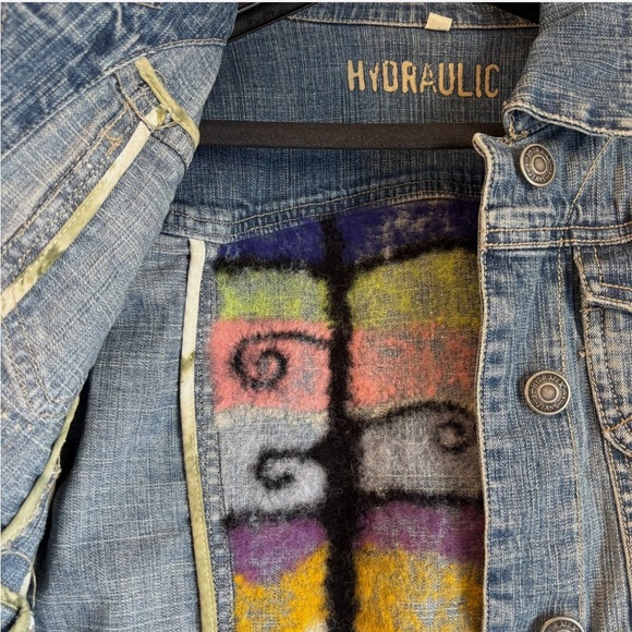 Upcycled Denim Jacket Hand Felted One Of A Kind Boho Hippie Art Whimsical Lg - Picture 6 of 12